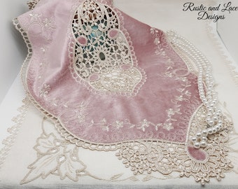 Velvet Powder Pink Doily with Champagne Ecru Lace and Intricate Embroidery (12" x 21" inches) ~ Beautiful!!! ~ Same Day Shipping