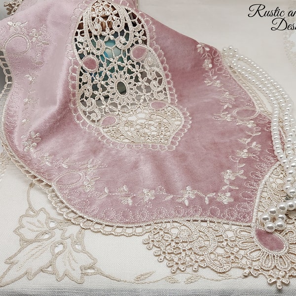 Velvet Powder Pink Doily with Champagne Ecru Lace and Intricate Embroidery (12" x 21" inches) ~ Beautiful!!! ~ Same Day Shipping