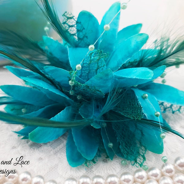 Teal Turquoise Blue Green Corsage for Wrist Dress Prom Dance or Wedding with Satin Lace Pearl Beads & Dark Teal Green Feathers (4" dia) (B)