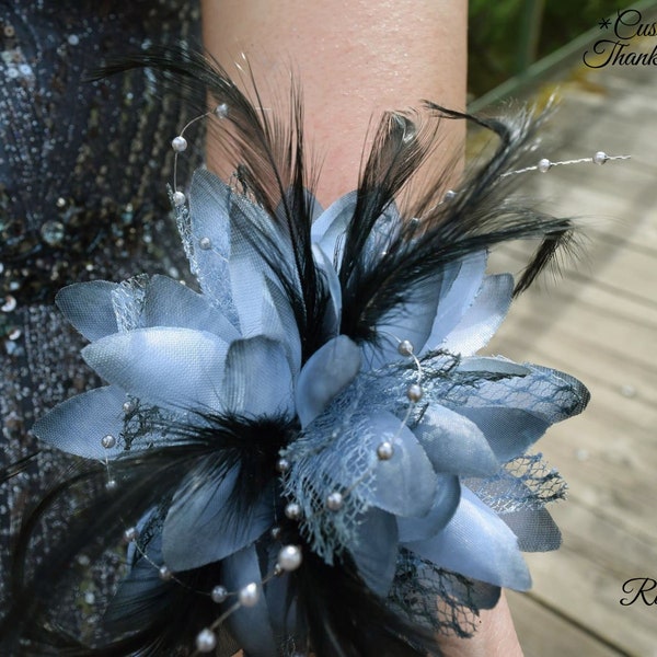 Blue Gray Corsage for Wrist Dress Prom or Wedding with Satin Lace Pearls and Feathers (4" diameter) (B)