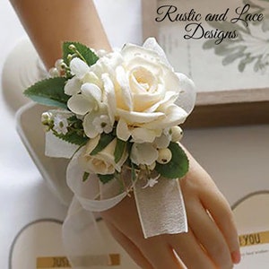 Cream/Ivory Corsage for Wrist Dress or Sash with Roses, Ribbon and Accents ~ Perfect for Prom Wedding or Special Occasion  (4" x 3 1/2")