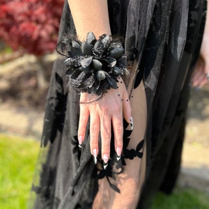 Black Corsage for Wrist Dress Prom Homecoming or Wedding with Satin Lace Pearls and Feathers Bracelet and Wrist Tie Options avail 4 dia image 8