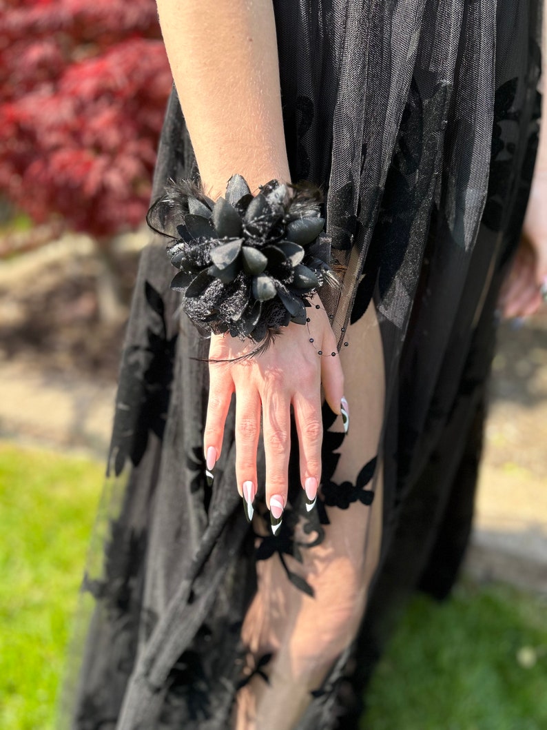 Black Corsage for Wrist Dress Prom Homecoming or Wedding with Satin Lace Pearls and Feathers Bracelet and Wrist Tie Options avail 4 dia image 8