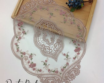 Dusty Pink Oval Table Doily with Scalloped Edges Net Lace and Soft Mauve Rose Embroidery Along the Edges (12" x 17" inches)