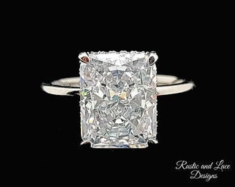 3.79 Carat Radiant Cut Emerald w/ Hidden Halo Solitaire Ring ~ Simulated Moissanite ~ 925 Sterling Silver w/ 18K Gold Plating ~ Size 5 (AW)