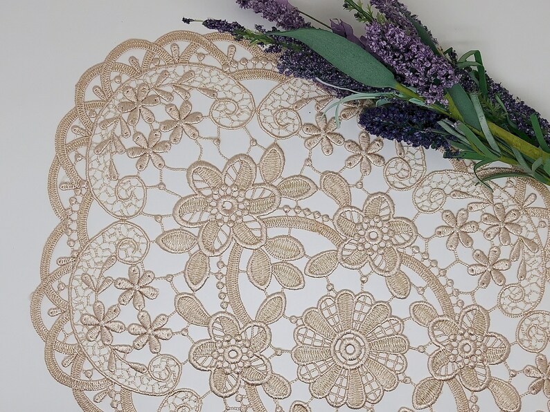 Light Ecru Beige Hollow Lace Oval Doily with a Hint of Gold 12 x 18 inches image 3