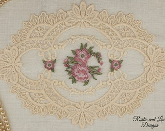 Vintage-Style Cream Vanilla Oval Doily with Scalloped Edges, Net Lace, and Delicate Flower Embroidering (Small 7.25" x 9.5" inches) (A)