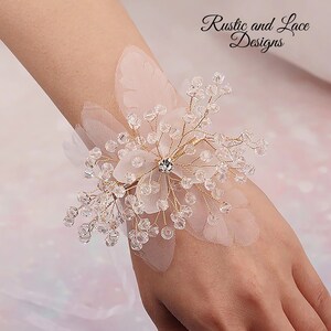 White Wire Bracelet Corsage w Clear Acrylic Beads, 4 Petal Acrylic Flower, Gold Flexible Wire, Sheer White Ribbon, Rhinestones (2.5"x5" in.)