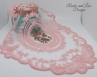 Peachy Pink Oval Doily with Net Lace Scalloped Edges and Soft Mauve Flowers in the Center (Two Sizes Available 11.75x16" and 12.25"x17" in)