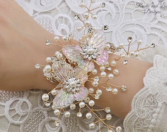 Butterfly Corsage with Rhinestones & Pearls on Gold Flexible Wire (3&quot;x5&quot;) ~ Wraps Across Top of Wrist - Choice of Wrist Ties or Bracelets
