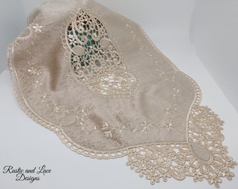 Velvet Mink Champagne Light Tan Doily with a Touch of Gold, Ecru Lace, and Intricate Embroidery (Large 12" x 21" inches)