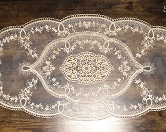 Light Champagne Gold/Light Ecru Oval Doily Table Runner with Net Lace and Intricate Embroidering (15.25" wide x 35" long) ~ Very Elegant!