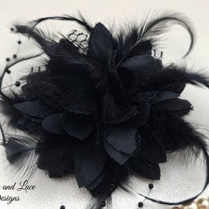 Black Corsage for Wrist Dress Prom Homecoming or Wedding with Satin Lace Pearls and Feathers (Bracelet and Wrist Tie Options avail) (4" dia)