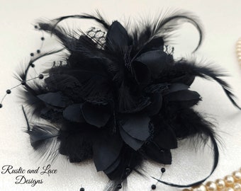 Black Corsage for Wrist Dress Prom Homecoming or Wedding with Satin Lace Pearls and Feathers (Bracelet and Wrist Tie Options avail) (4" dia)