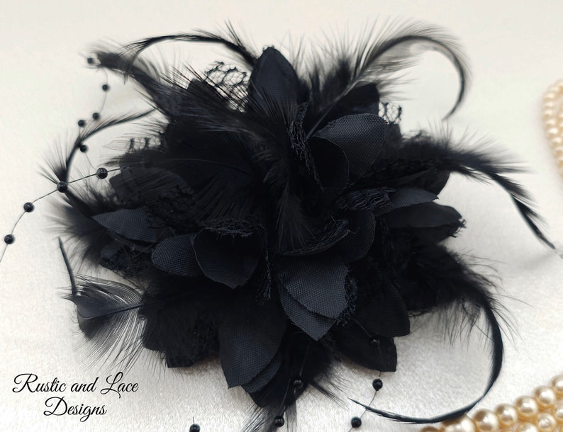 Black Corsage for Wrist Dress Prom Homecoming or Wedding with Satin Lace Pearls and Feathers Bracelet and Wrist Tie Options avail 4 dia image 1