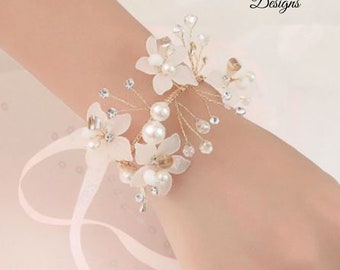 Delicate Flower Bracelet Corsage and/or Matching Boutonniere w White Flowers Clear Acrylic Beads Gold Wire and Pearls (2.5"x5.5" and 4.5)