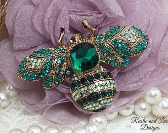 Green and Teal Bee Brooch with a Dark Green Center Stone Accented with Teal Light Green and AB Rhinestones (Large 2 1/4" x 1 1/2") (GT)