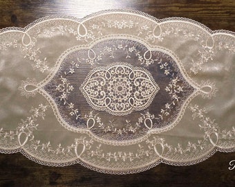 Champagne Light Ecru Oval Doily Table Runner with Velvet Intricate Embroidering Net Lace and a Hint of Gold (16.5" x 35") ~ Very Elegant!