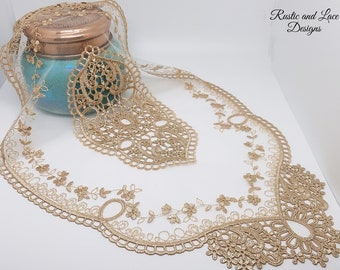 Champagne Gold / Light Ecru Oval Doily made with Net Lace and Intricate Embroidering (11.5" x 20.5" inches)