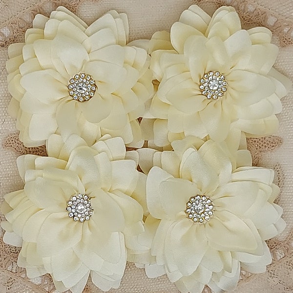 Pale Yellow Cream Fabric Flowers Handmade with Satin and Rhinestones for Headbands Sash Hats Sewing Projects & Crafts (Set of 4) 3" inches