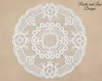 Vintage-Style Round White Doily with Net Lace, Scalloped Edges, and Intricate Embroidering (Small/Teacup Size 7" inches diameter)