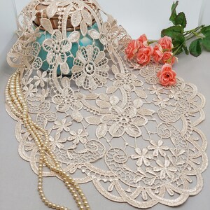 Light Ecru Beige Hollow Lace Oval Doily with a Hint of Gold 12 x 18 inches image 2