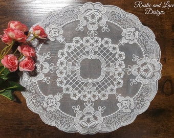 Vintage-Style Round/Slightly Oval White Table Doily with Net Lace, Scalloped Edges, and Delicate Embroidery (10.25" x 10.5" in diameter)