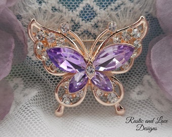 Light Purple Butterfly Brooch Pin in Gold with Rhinestones (Small 1.5"x1.75")