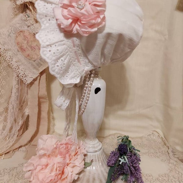 White Baby Girl Bonnet ~ 3-12 months old ~ Soft Cotton, Ruffles, and Lace Trim ~ NEW ~ Ready to Ship (White A)