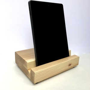 iPad stand, phone stand, tablet display stand, docking station, hickory.