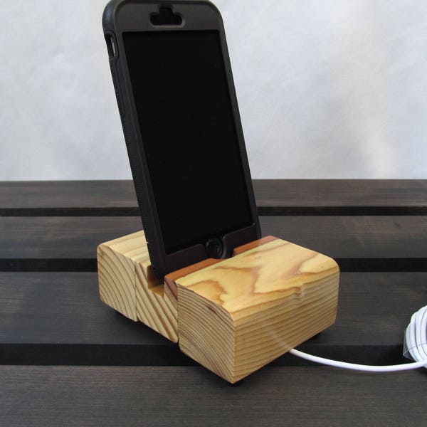 Wood iphone dock, charging station, iphone charger, ipod dock, wood cell phone stand, iphone 6 dock, smartphone stand, rustic office decor.