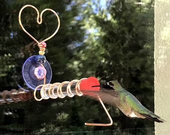 Copper Heart Test Tube Window hummingbird feeder, suction cup mount.