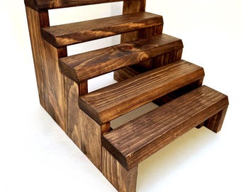 Solid pine wood tiered spice rack display stand for countertop.