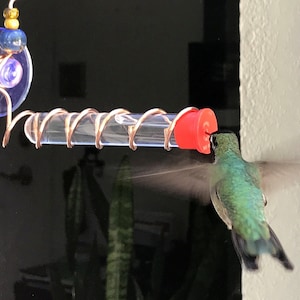 May include: A hummingbird feeder with a clear tube and red feeding port. The feeder is attached to a window with a suction cup and copper wire. A green hummingbird is drinking from the feeder.