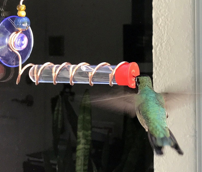 May include: A hummingbird feeder with a clear tube and red feeding port. The feeder is attached to a window with a suction cup and copper wire. A green hummingbird is drinking from the feeder.