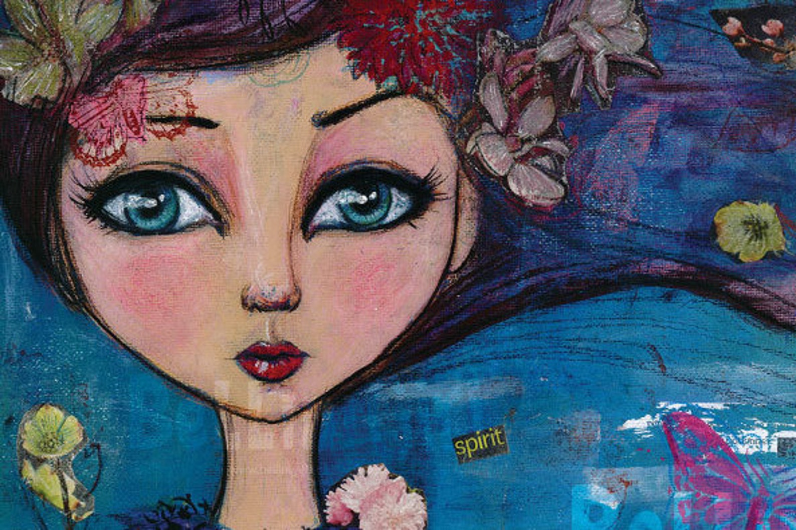 Mixed Media Painting With Girl and Flowers Art Print Etsy