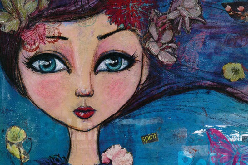 Mixed Media Painting with Girl and Flowers Art Print Etsy