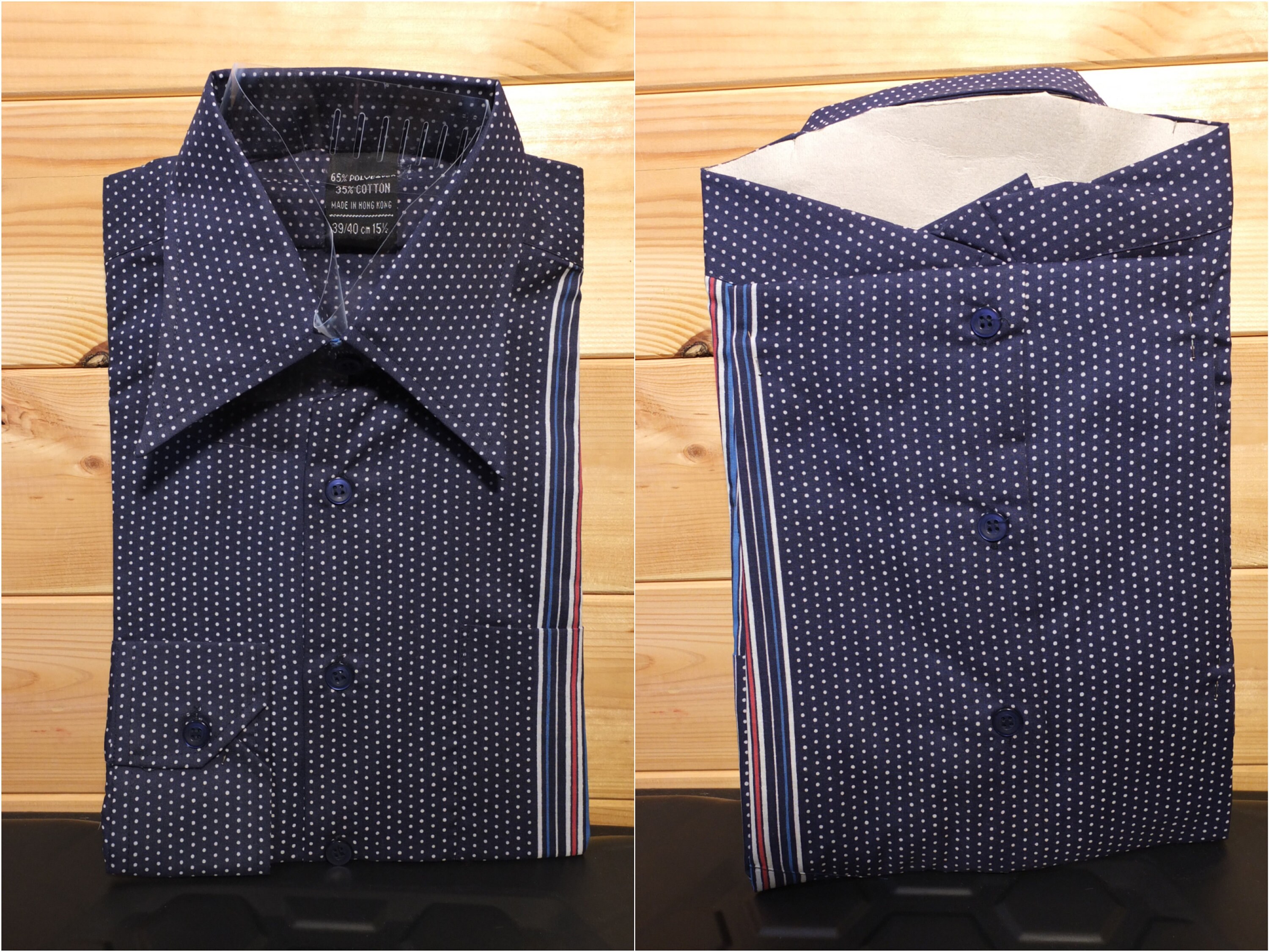 Image of Vintage 1970's Men's Shirt Pointed Collar Blue Stripe & Polkadot 15.5"