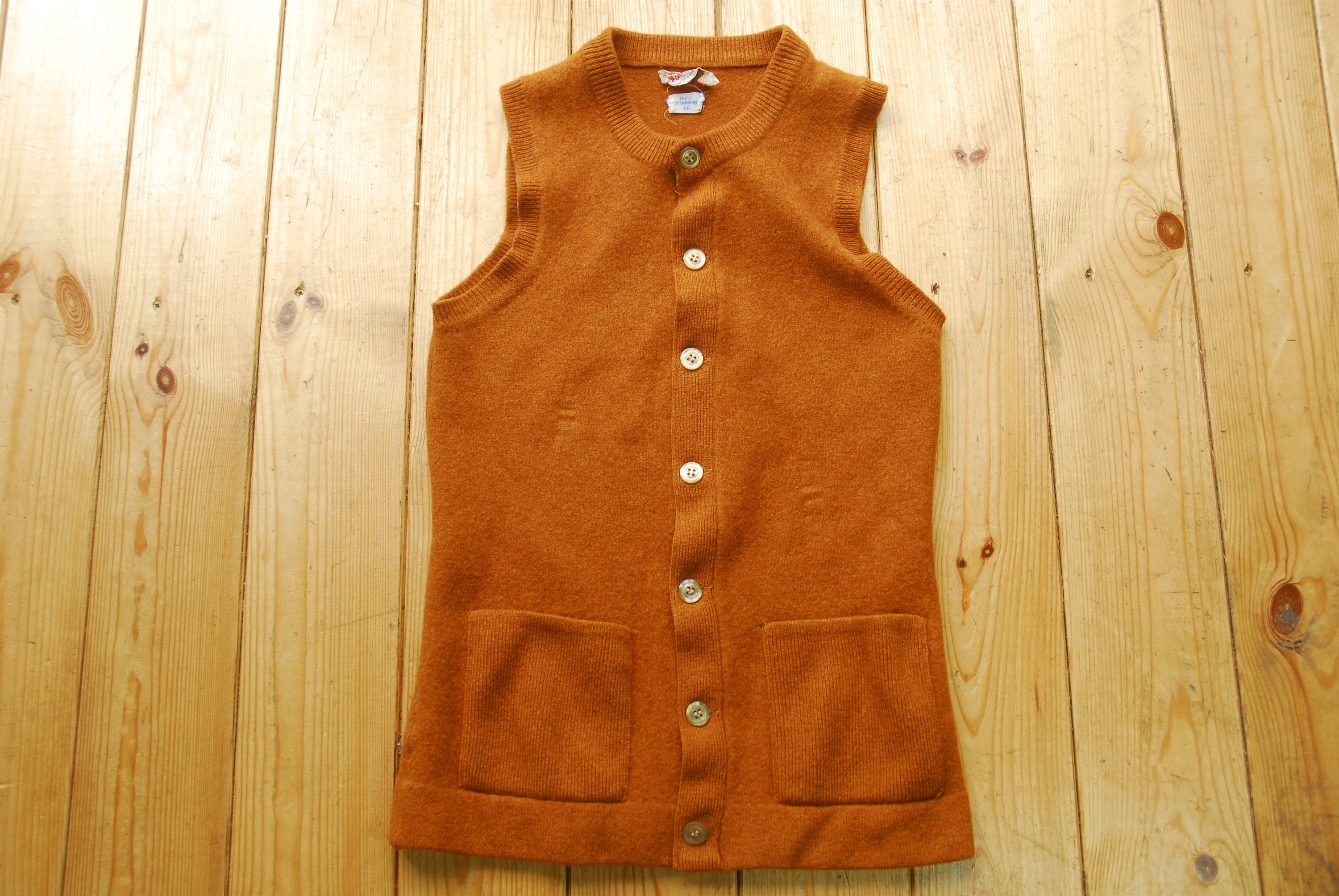 Image of Vintage 60's Pure Lambswool Alan Paine Waistcoat Vest Rust Brown 36"
