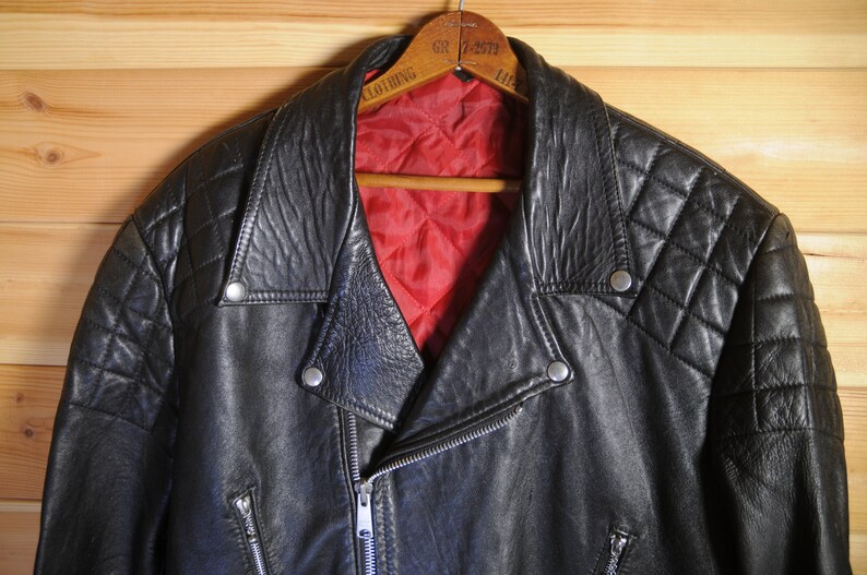 Vintage Black Soft Leather Tassel Lightning Style Biker Motorcycle Jacket 46 48