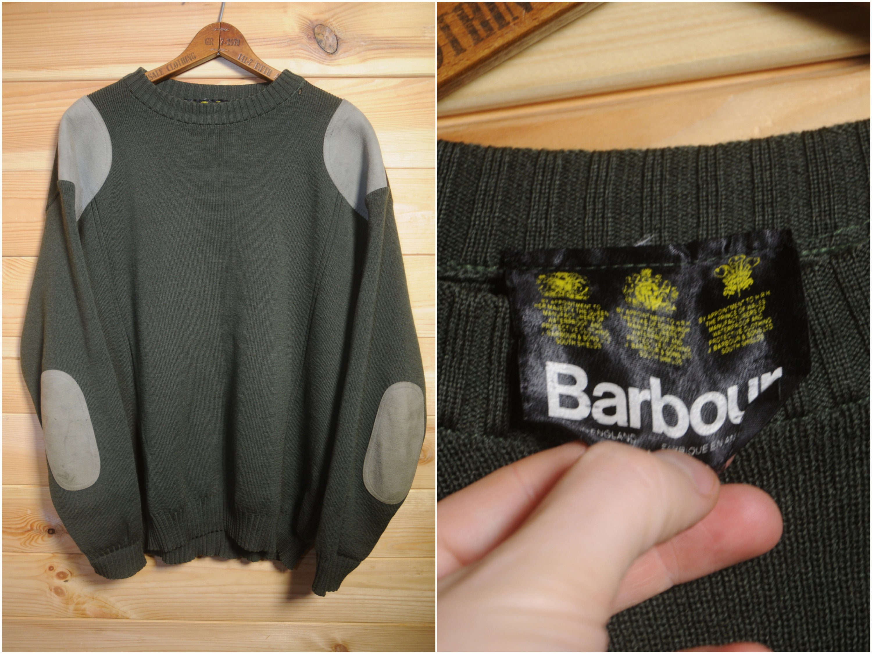 Image of Vintage Barbour Wool & Suede Sweatshirt Jumper Green 48" Xl