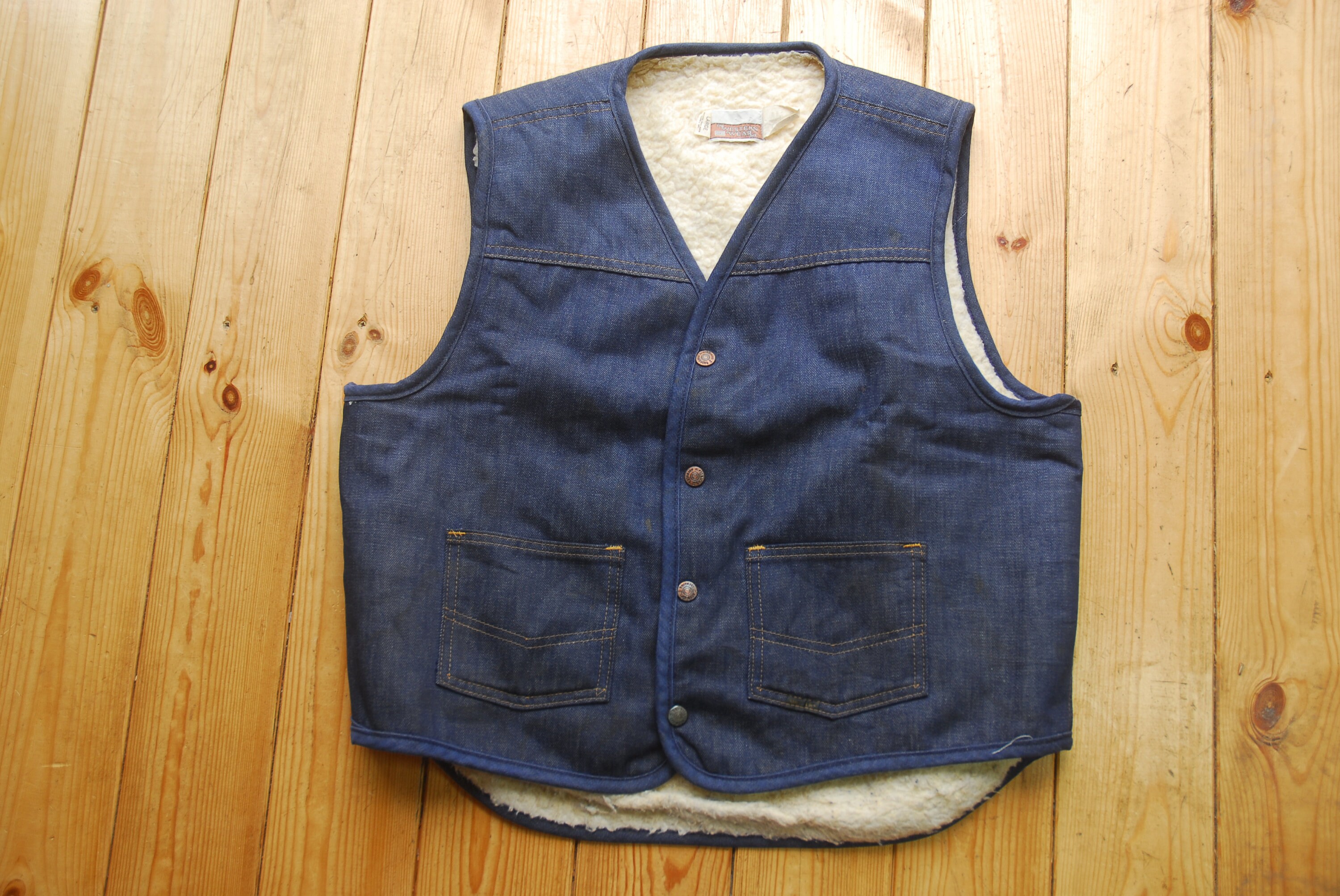 Image of Vintage Sears Roebucks Western Pile Sherpa Lined Denim Vest Gilet Bodywarmer L