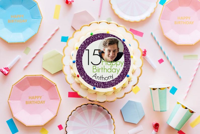 Edible Personalised Happy Birthday round printed cake topper decoration