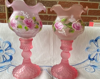 Hand painted pink frosted glass votive holder with pink roses in frosted candleholders. Set of 2. Wonderful Mother’s Day gift. All occasion