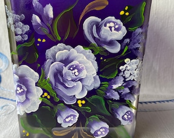 Hand painted square purple glass vase with purple roses and ribbon. Wonderful gift for that special occasion, Mother’s Day. Any event