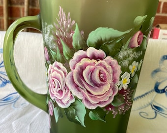 HandPainted 2 quart green glass pitcher with pink roses. Would make a great Mother’s Day gift, Birthday gift