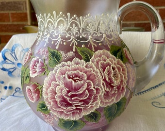 HandPainted 2quart glass frosted pitcher with soft pink roses