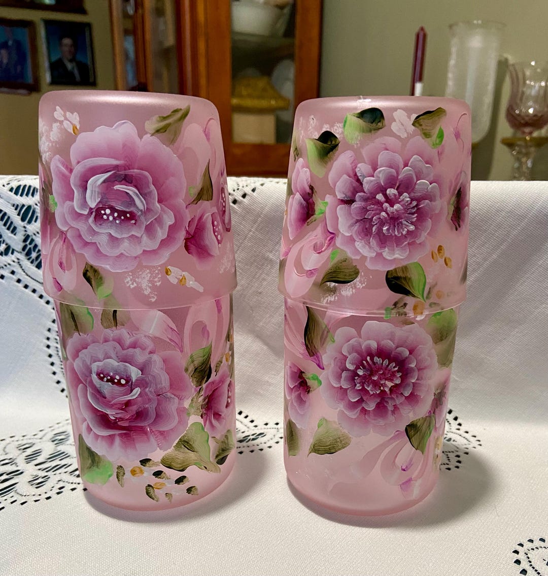 Hand Painted Pink Frosted Glass Tumble Up: Rose & Carnation Design - Etsy