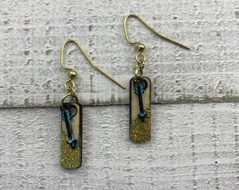 Gold Angle Emboss with Arrow Bead Detail / Dangle Drop Earrings / Earrings as Gift / Gold Earring / Laser Cut Wood / Blue / Antique