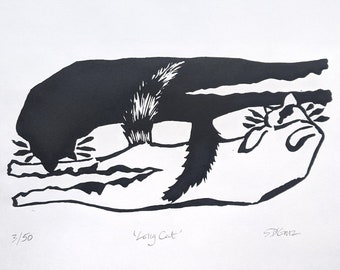 A4 Original Cat Print - Hand Printed Linocut Cat for Home Décor, Limited Edition Black and White Wall Art, Modern Art, Handmade Cat Gifts